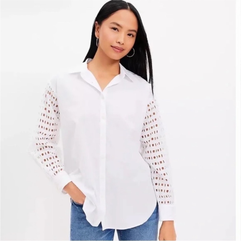Ann Taylor LOFT Eyelet Long Sleeve Cotton Blend Dress Shirt XS White Top White